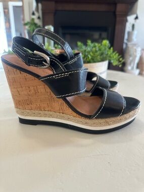 Franco Sarto Black Leather Cork Espadrille Wedge Sandals